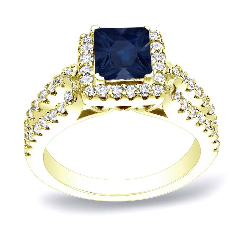 Auriya 14k Gold 1ct Modern Princess-cut Sapphire and Diamond Halo Engagement Ring 3/4ctw - Yellow - 4