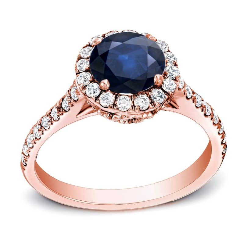 Auriya 1 1/4ct Blue Sapphire and 1/2ctw Halo Diamond Engagement Ring 14K Gold (H-I, SI1-SI2) - 4 - Rose