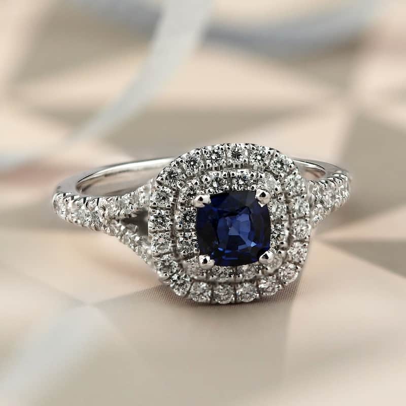 Auriya 14k Gold 1/2ct Cushion-cut Sapphire and Diamond Halo Engagement Ring 3/4ctw (H-I, SI1-SI2)