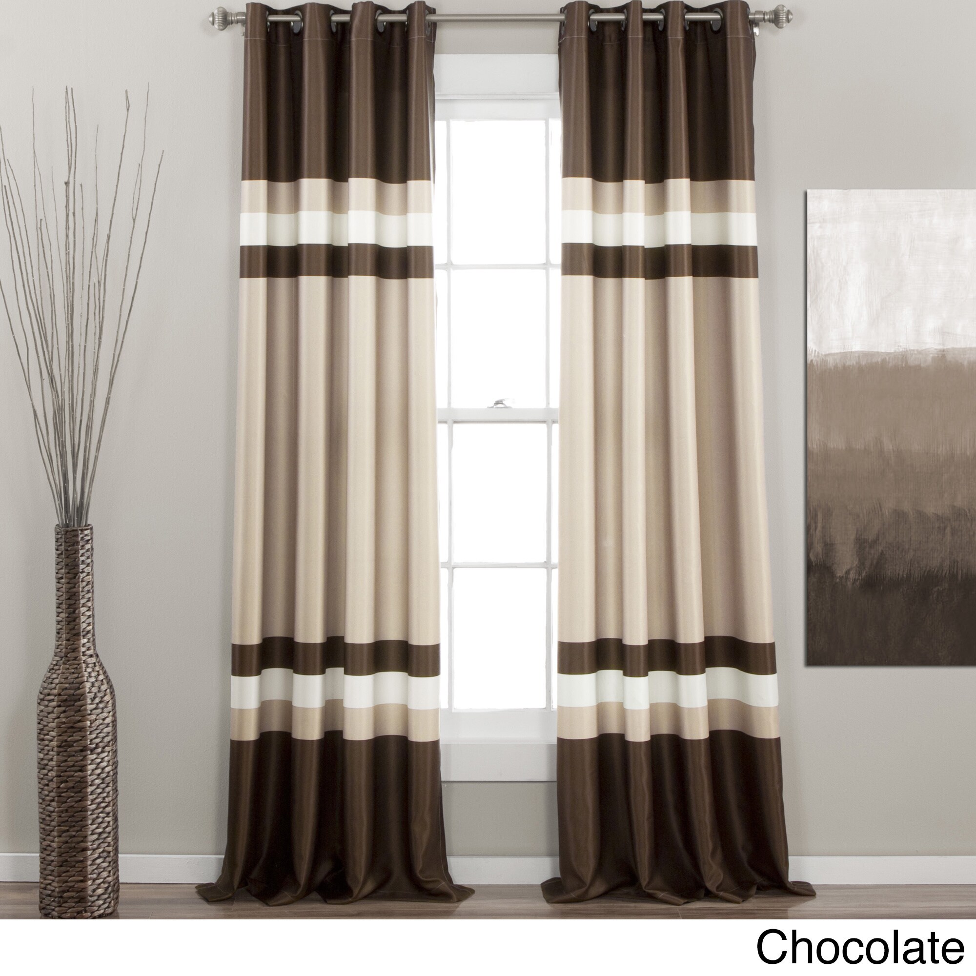Set 2 Faux Silk Blue Brown Striped Window Curtains Panels Drapes