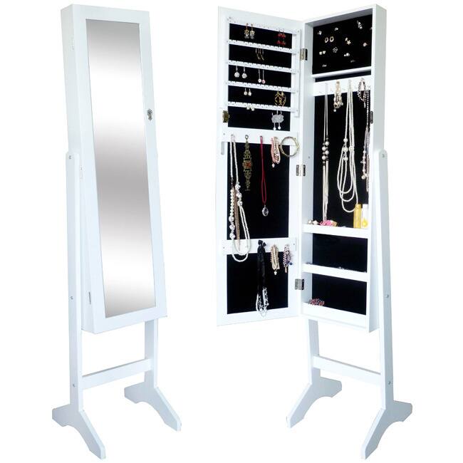 Unique White Jewelry Armiore Floor Standing cabinet Stand Organizer with Wooden Dressing Cheval Mirror