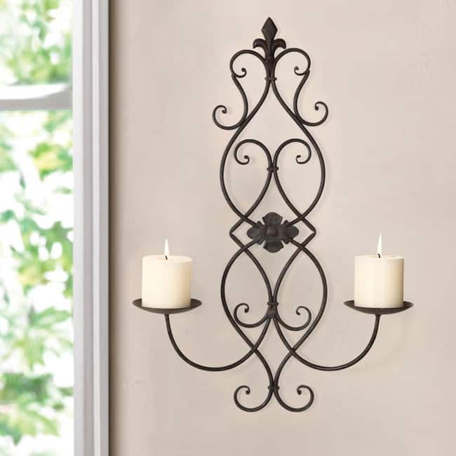 Adeco Iron and Glass Vertical Wall Hanging Candle Holder Sconce, Holds Two Pillar Candles