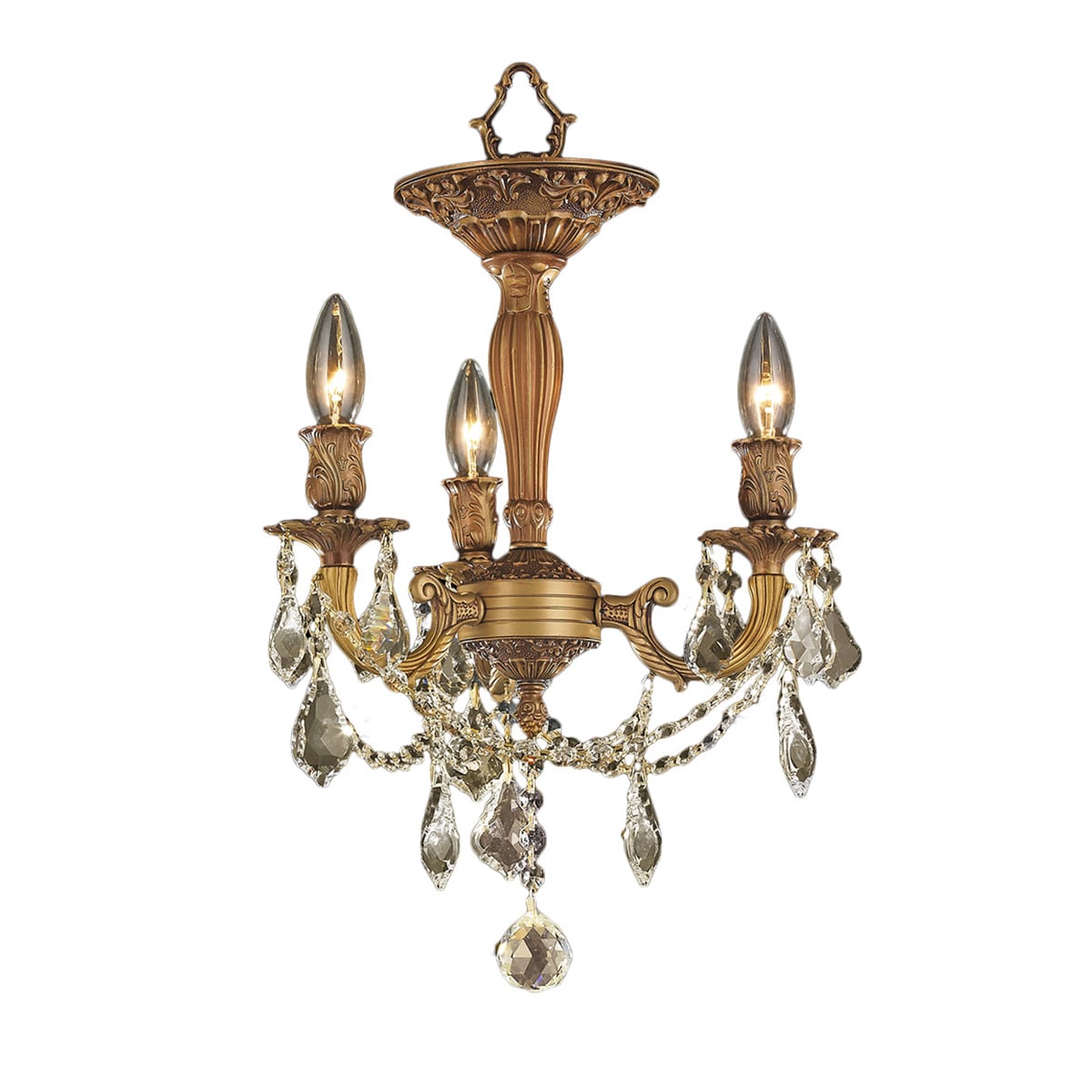 French Palace 3-light Antique Gold Finish with French Pendalogue Golden Teak Crystal Medium Semi-flush Chandelier (3 Lights Semi-Flush Mount) - Chandeliers For Bedrooms by Overstock.com