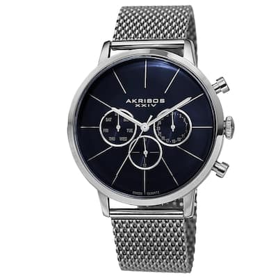 Akribos XXIV Men's Sunray Dial Multifunction Stainless Steel Mesh Silver-Tone Strap Watch - BLue