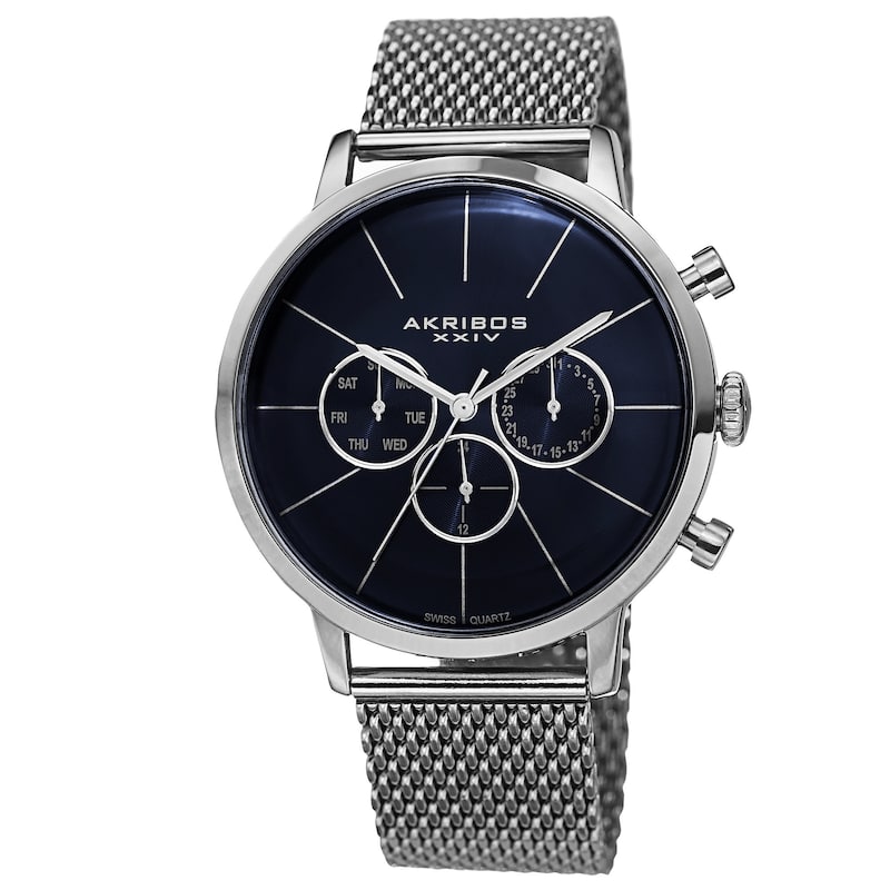 Akribos XXIV Men's Sunray Dial Multifunction Stainless Steel Mesh Silver-Tone Strap Watch - BLue