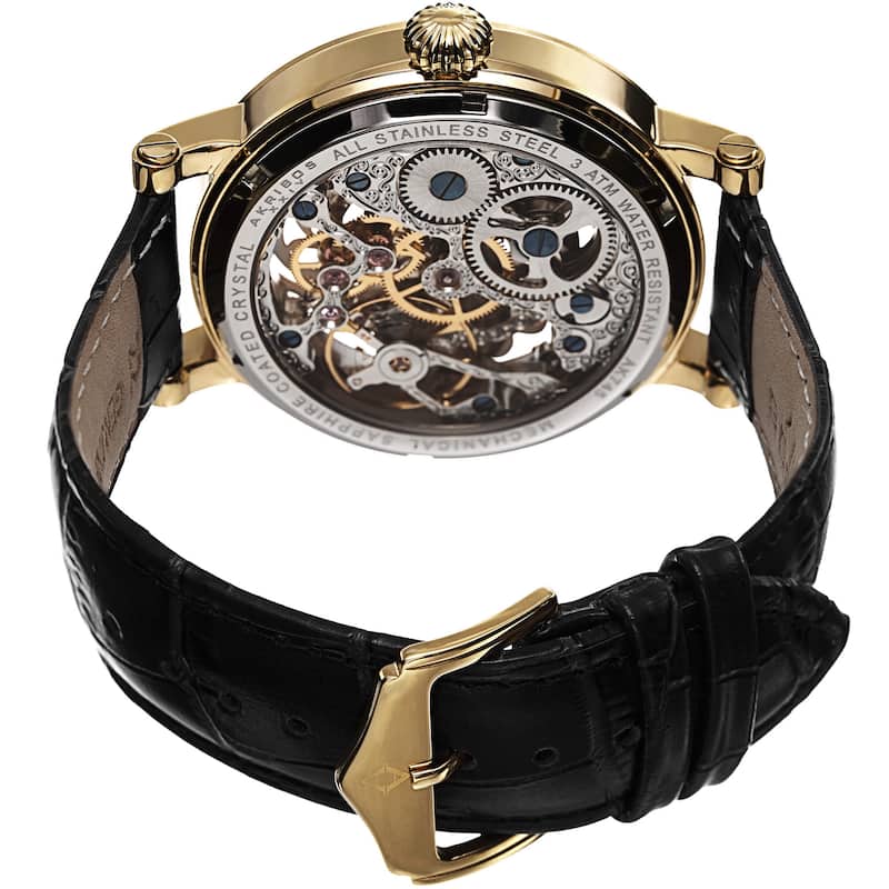 Akribos XXIV Men's Automatic Multifunction Dual-Time Skeleton Dial Leather Gold-Tone Strap Watch - Gold