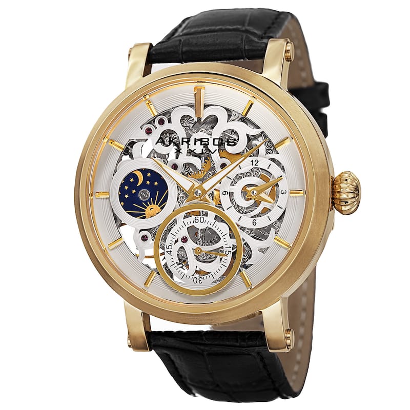 Akribos XXIV Men's Automatic Multifunction Dual-Time Skeleton Dial Leather Gold-Tone Strap Watch - Gold