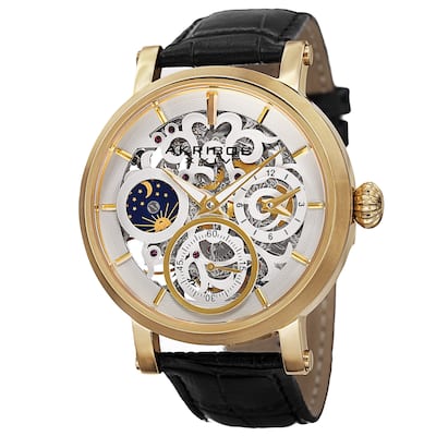 Akribos XXIV Men's Automatic Multifunction Dual-Time Skeleton Dial Leather Gold-Tone Strap Watch - Gold