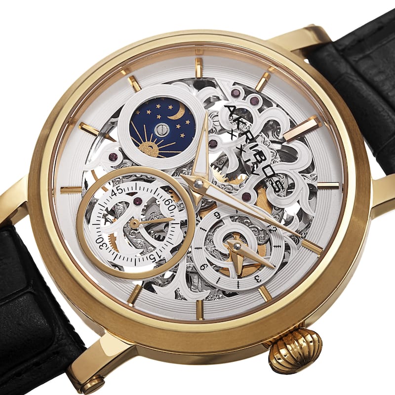 Akribos XXIV Men's Automatic Multifunction Dual-Time Skeleton Dial Leather Gold-Tone Strap Watch - Gold