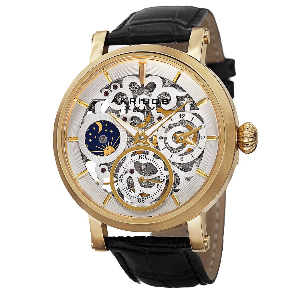 Akribos XXIV Men's Automatic Multifunction Dual-Time Skeleton Dial Leather Gold-Tone Strap Watch - Gold