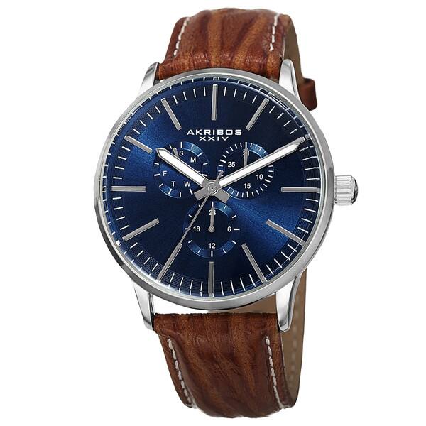slide 1 of 6, Akribos XXIV Men's Quartz Multifunction Leather Blue Strap Watch