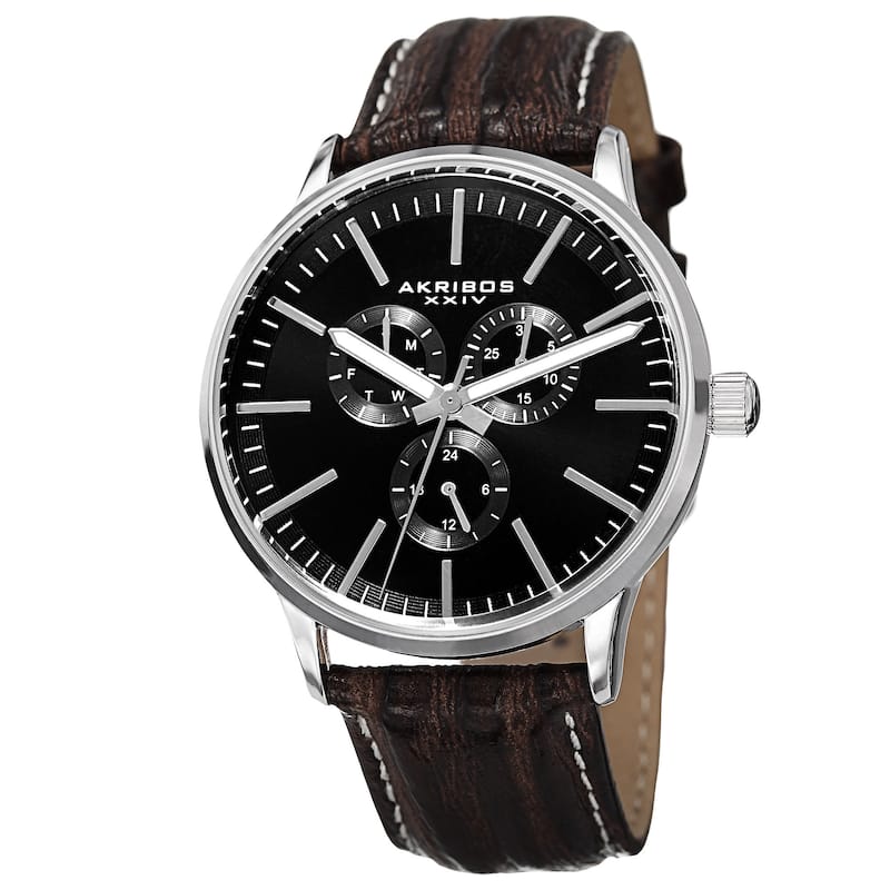 Akribos XXIV Men's Quartz Multifunction Leather Silver-Tone Strap Watch - silver