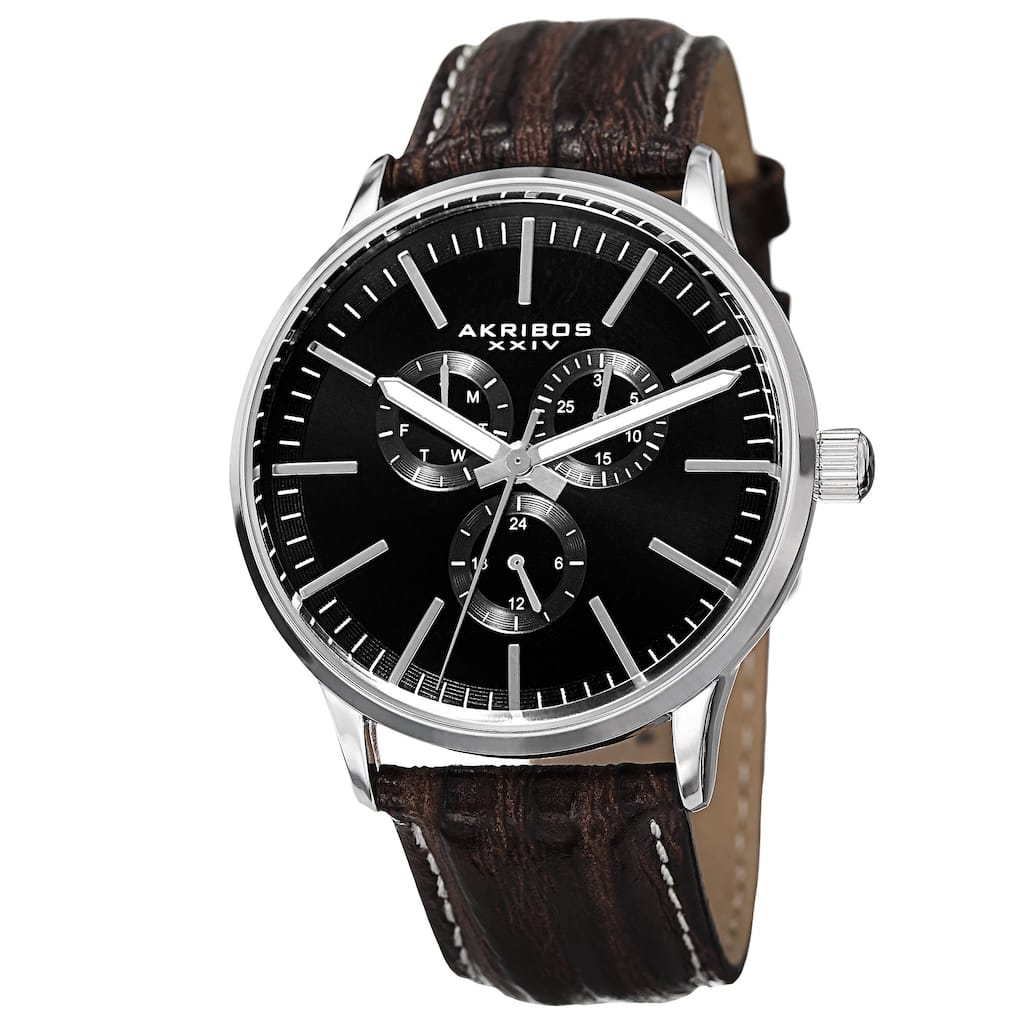 Akribos XXIV Men's Quartz Multifunction Leather Silver-Tone Strap Watch - silver