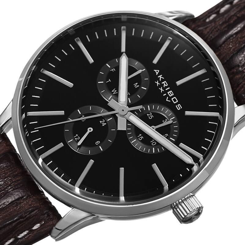 Akribos XXIV Men's Quartz Multifunction Leather Silver-Tone Strap Watch - silver