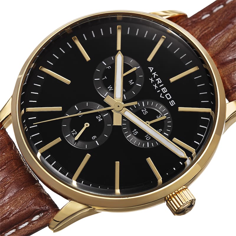 Akribos XXIV Men's Quartz Multifunction Leather Gold-Tone Strap Watch - GOLD