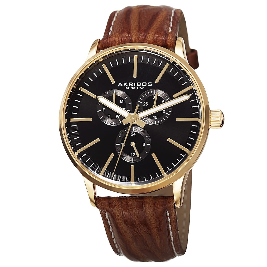 Akribos XXIV Men's Quartz Multifunction Leather Gold-Tone Strap Watch - GOLD