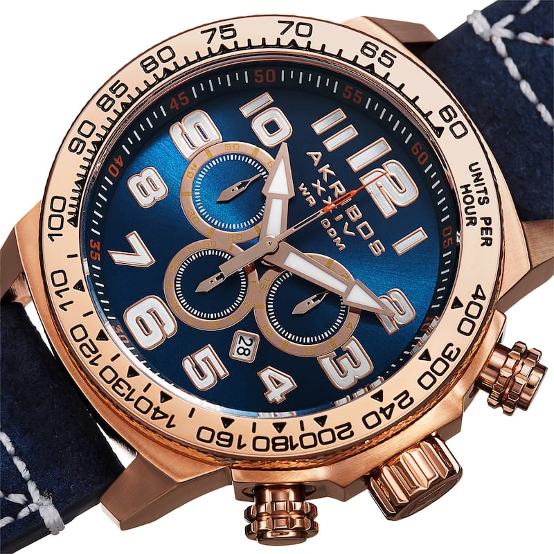 Akribos XXIV Men's Quartz Chronograph Leather Rose-Tone Strap Watch - BLue