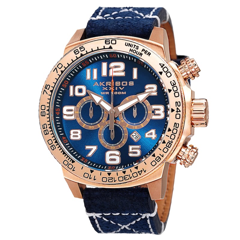 Akribos XXIV Men's Quartz Chronograph Leather Rose-Tone Strap Watch - BLue