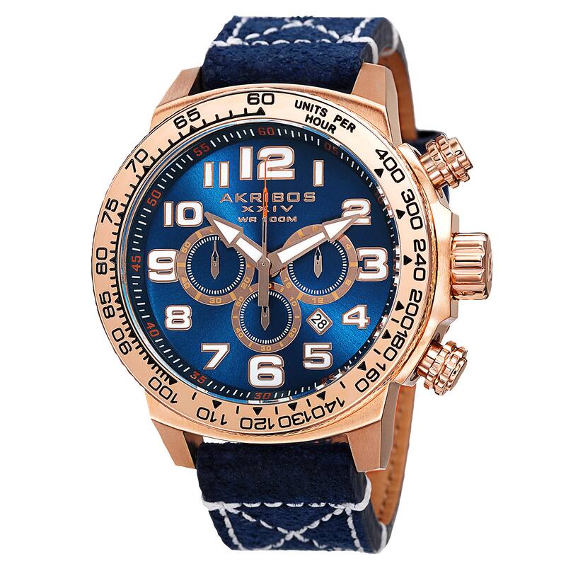 Akribos XXIV Men's Quartz Chronograph Leather Rose-Tone Strap Watch - BLue