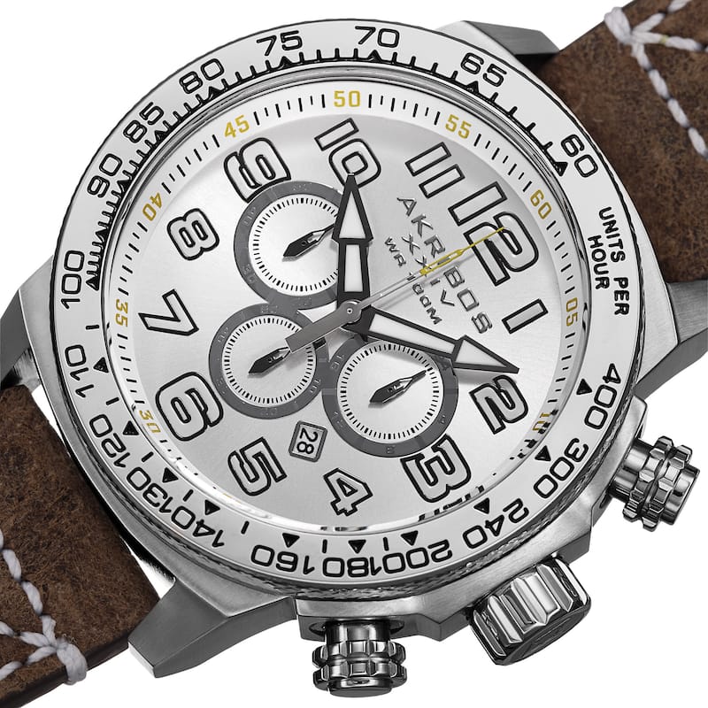 Akribos XXIV Men's Quartz Chronograph Leather Silver-Tone Strap Watch - brown