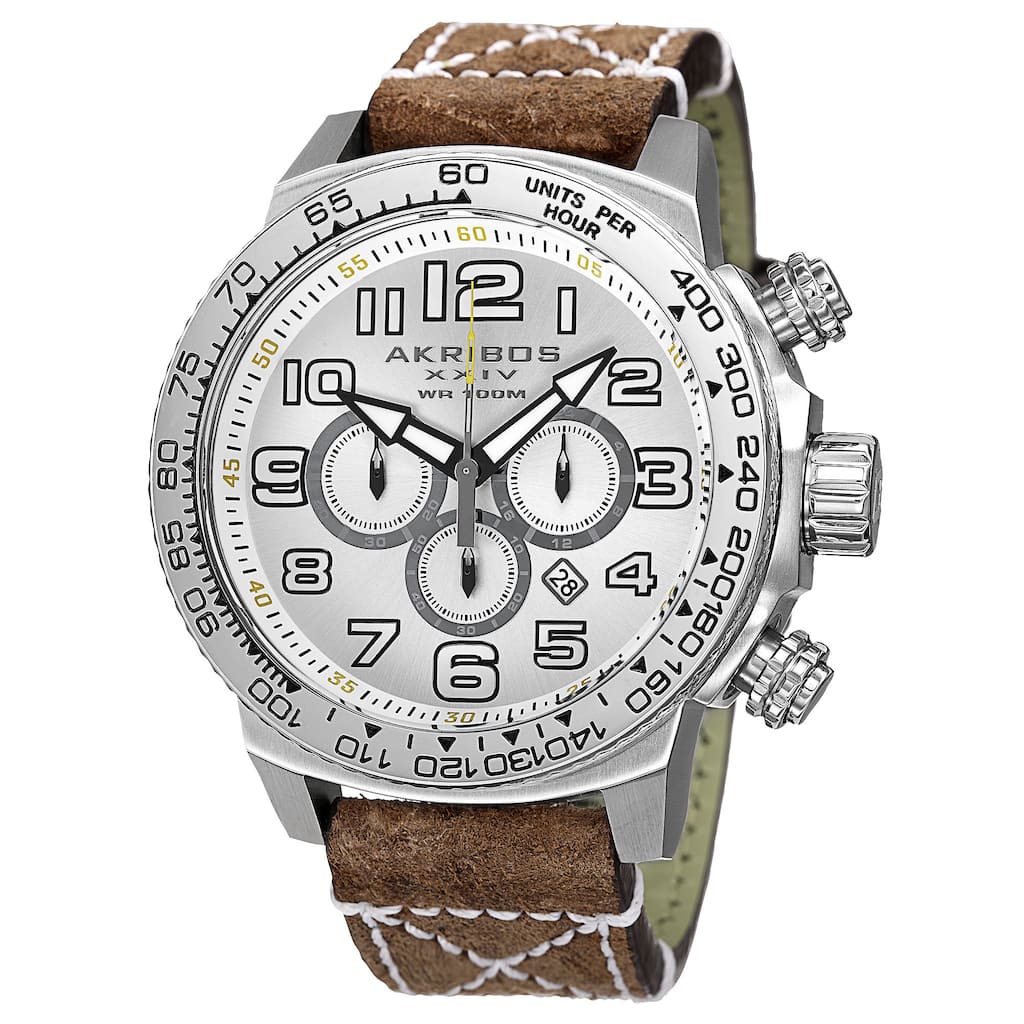 Akribos XXIV Men's Quartz Chronograph Leather Silver-Tone Strap Watch - brown