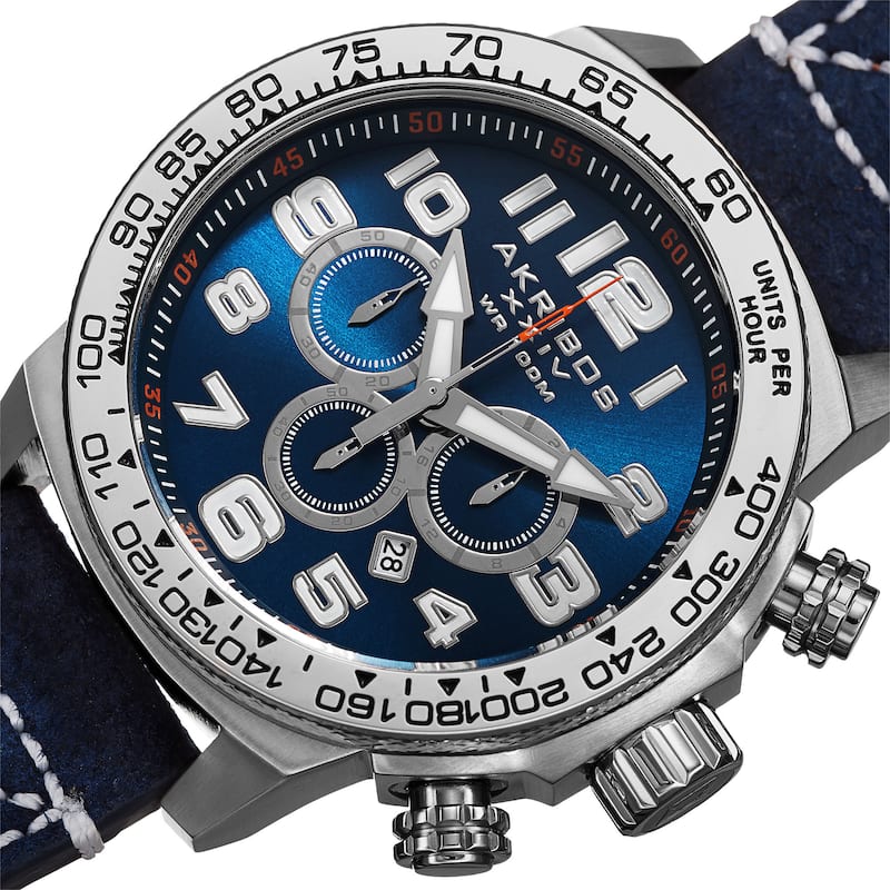 Akribos XXIV Men's Quartz Chronograph Leather Silver-Tone Strap Watch - BLue