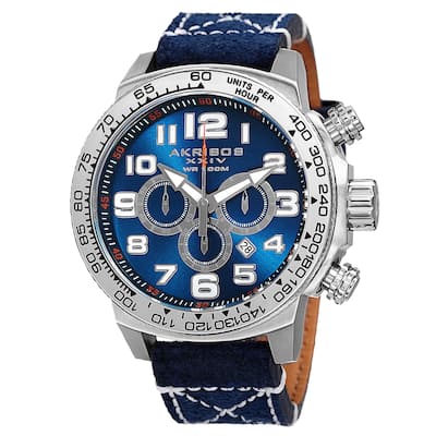 Akribos XXIV Men's Quartz Chronograph Leather Silver-Tone Strap Watch - BLue