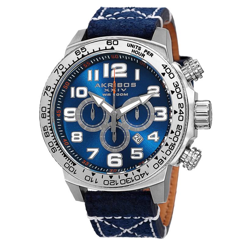 Akribos XXIV Men's Quartz Chronograph Leather Silver-Tone Strap Watch - BLue
