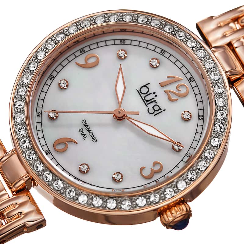 Burgi Women's Quartz Dial Swarovski Accented Bezel Rose-Tone Bracelet Watch - Gold