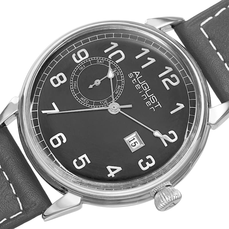 August Steiner Men's Swiss Quartz Multifunction Leather Silver-Tone Strap Watch - black