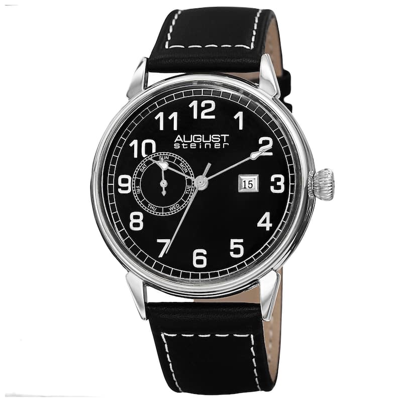 August Steiner Men's Swiss Quartz Multifunction Leather Silver-Tone Strap Watch - black