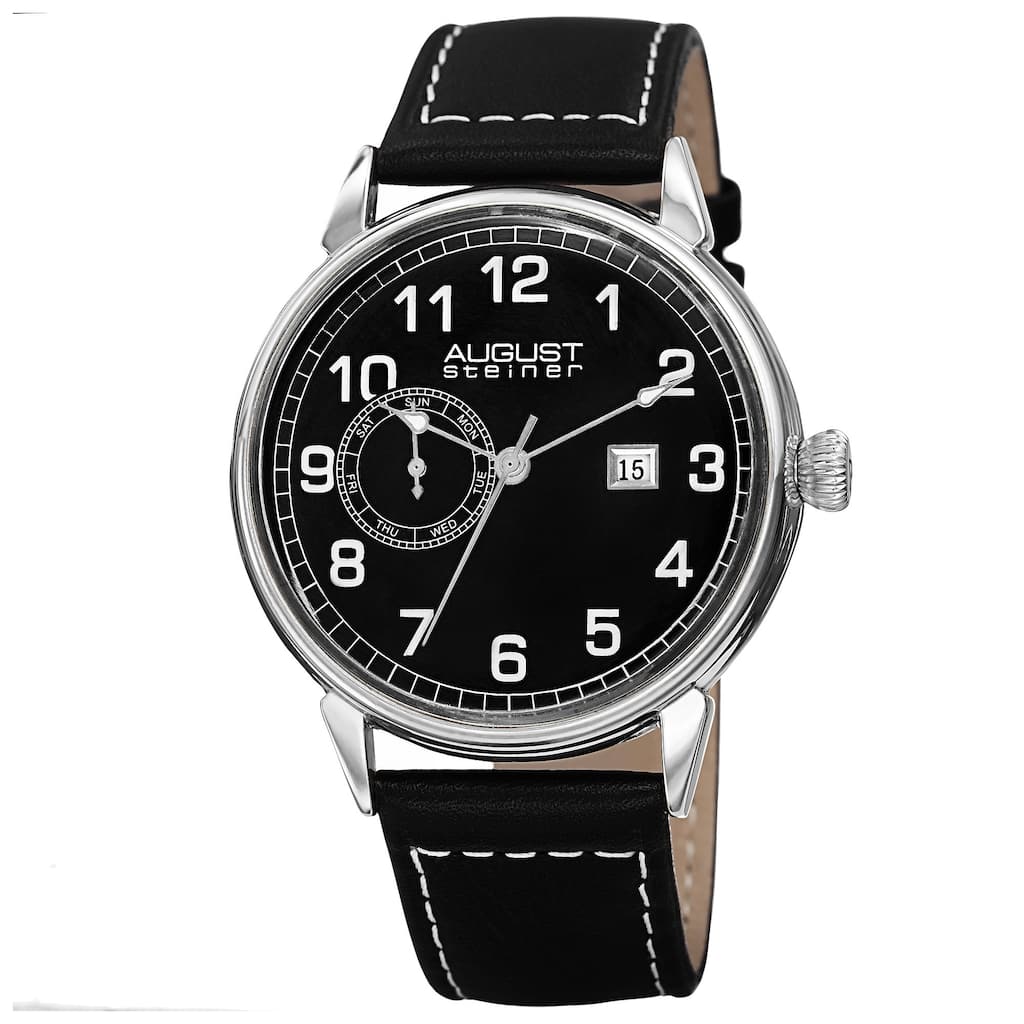 August Steiner Men's Swiss Quartz Multifunction Leather Silver-Tone Strap Watch - black