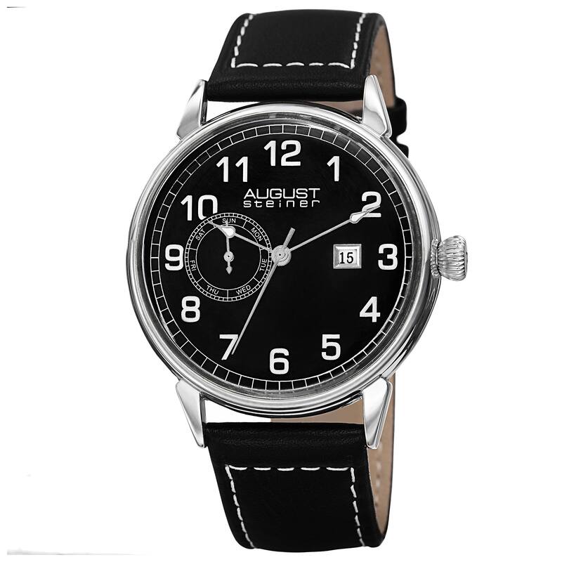 August Steiner Men's Swiss Quartz Multifunction Leather Silver-Tone Strap Watch - black