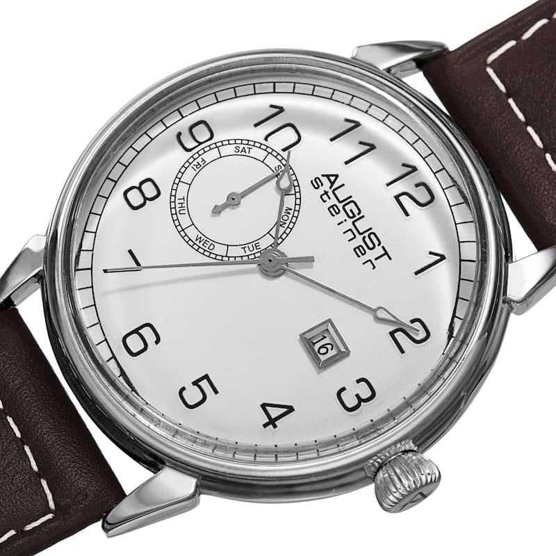 August Steiner Men's Swiss Quartz Multifunction Leather Silver-Tone Strap Watch - White