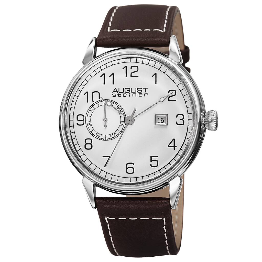 August Steiner Men's Swiss Quartz Multifunction Leather Silver-Tone Strap Watch - White
