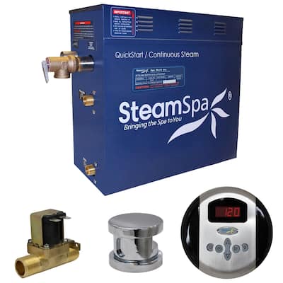 SteamSpa Oasis 7.5 KW QuickStart Steam Bath Generator Package with Built-in Auto Drain in Polished Chrome