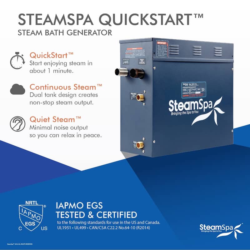 SteamSpa Oasis 6 KW QuickStart Steam Bath Generator Package with Built-in Auto Drain in Polished Chrome - Blue
