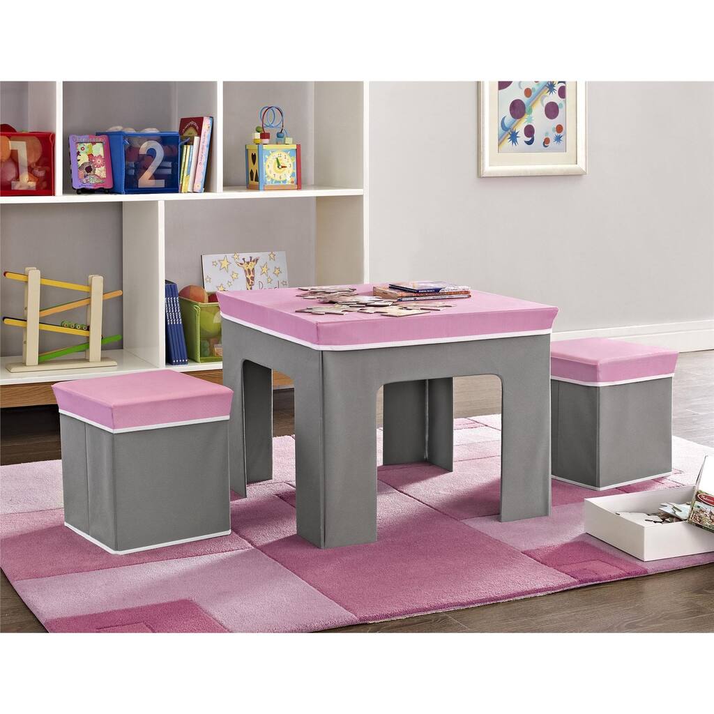 Altra Jamie Pink and Grey Kids Folding Table and Ottoman Set by Cosco