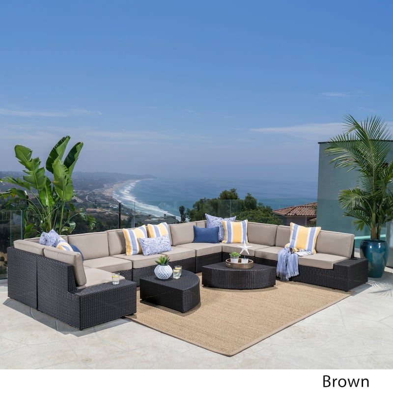 Best Sail Bridge 12-piece Brown Wicker Sofa Set with Cushions by Havenside Home - Dark Brown+Beige