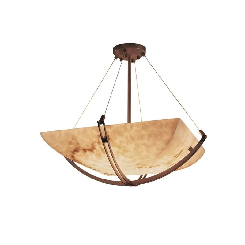 Justice Design LumenAria Crossbar 42-inch Dark Bronze Square Bowl Pendant, Faux Alabaster Shade