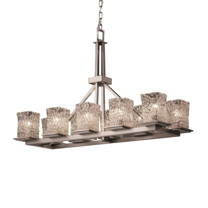 Justice Design Veneto Luce Montana 10-light Brushed Nickel Chandelier, Clear Textured Square - Rippled Rim Shade - Brushed Nickel, Clear Textured
