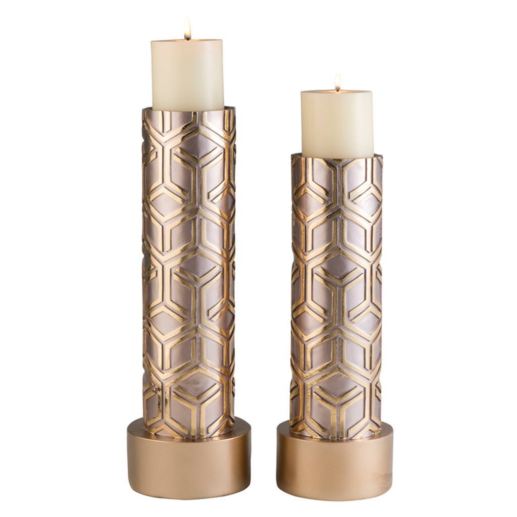 Rose Gold Bamboo Weave Polyresin Candleholders (Set of 2)