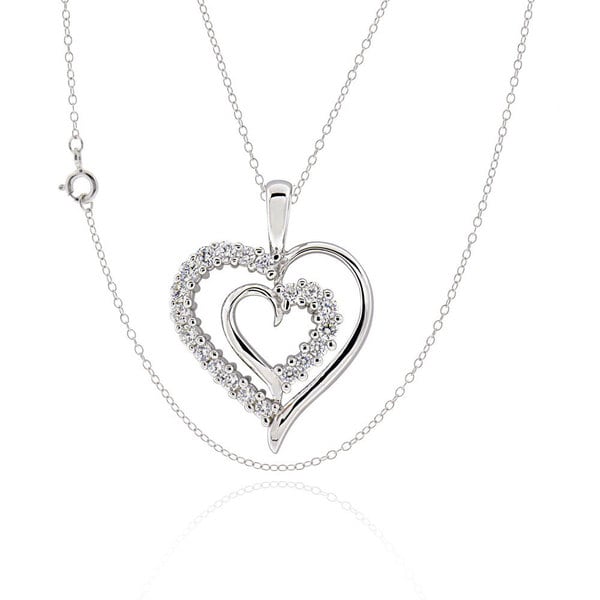 Sterling Silver Cubic Zirconia Double Heart 17 inch Chain Necklace