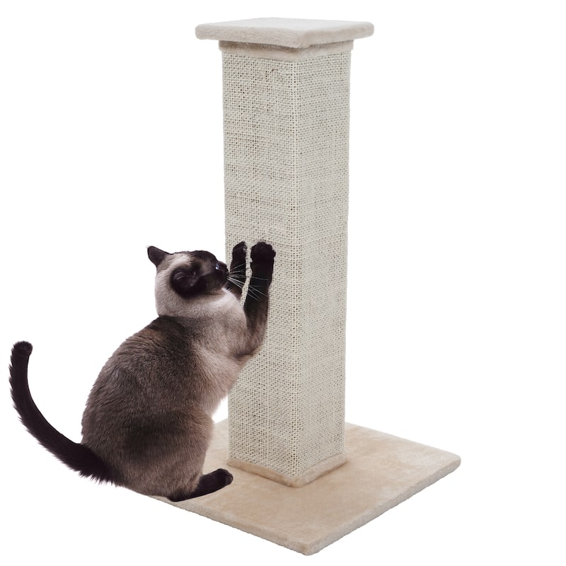 Petmaker Beige Cat Scratching Post with Carpeted Base - 27.75-Inch Sisal Burlap Fabric Scratcher