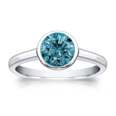 Auriya Round 1ctw Bezel Set Solitaire Blue Diamond Engagement Ring 14K Gold