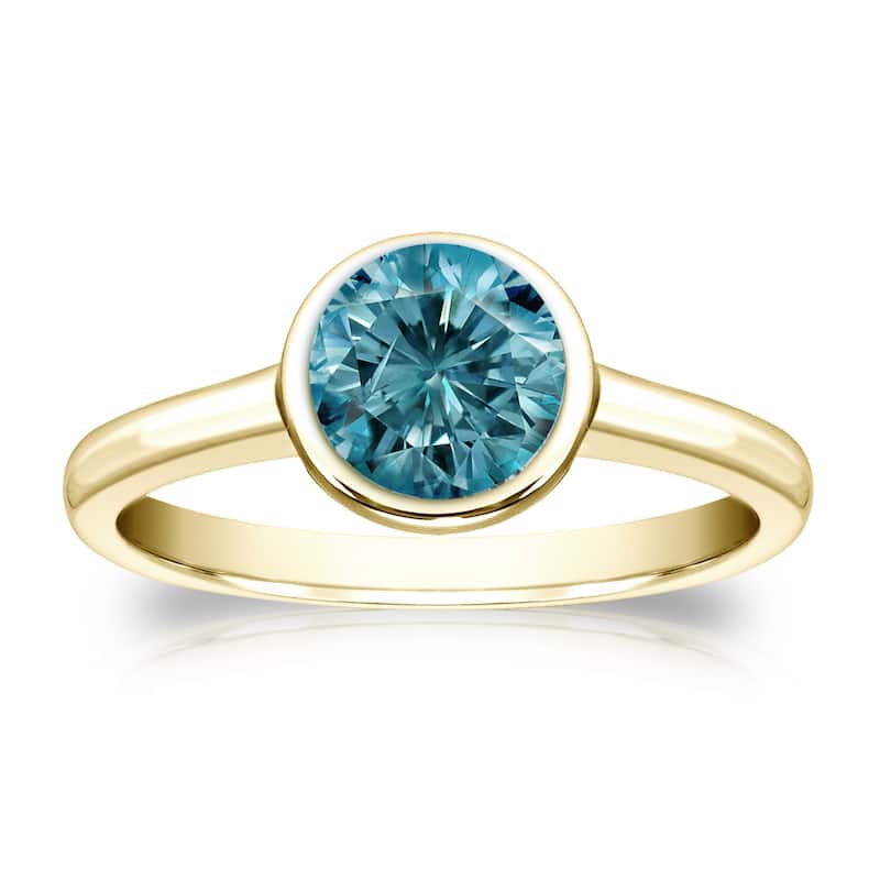 Auriya Round 1ctw Bezel Set Solitaire Blue Diamond Engagement Ring 14K Gold - 4 - Yellow