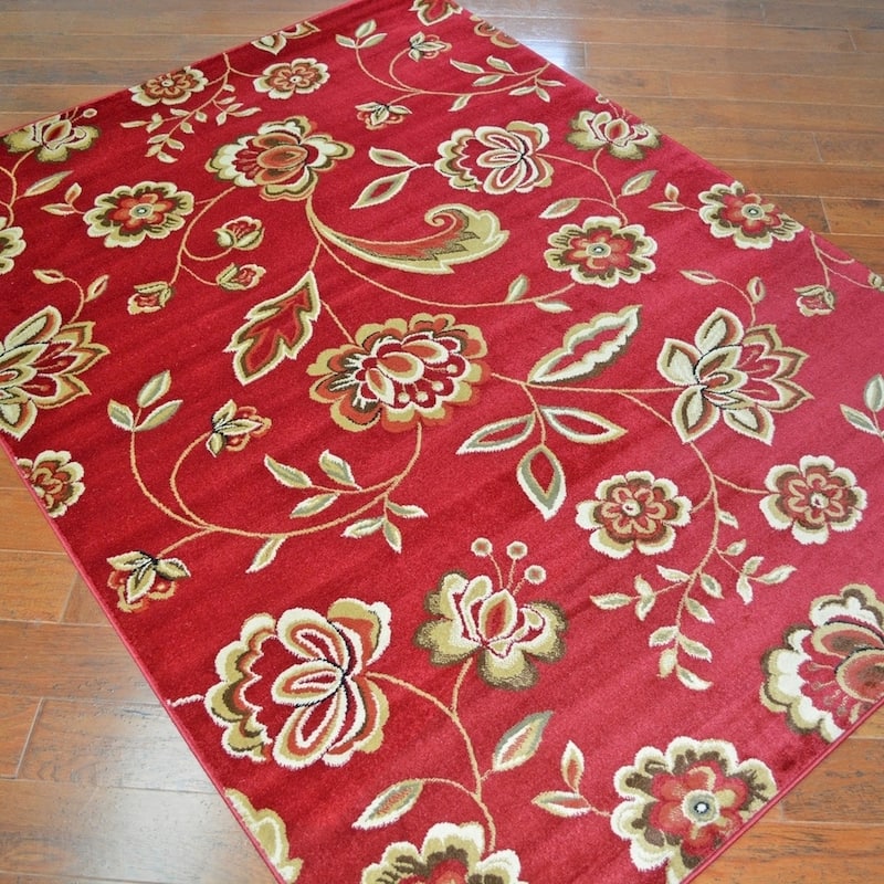 Traditional Floral Claret Area Rug