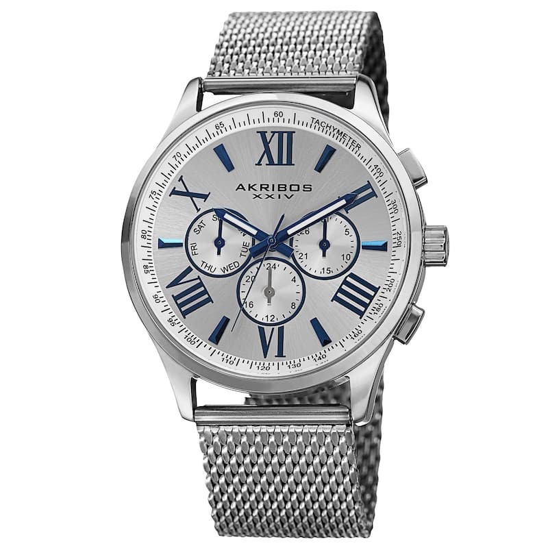 Akribos XXIV Men's Swiss Quartz Multifunction Dual Time Stainless Steel Silver-Tone Bracelet Watch - silver