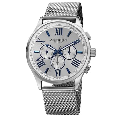 Akribos XXIV Men's Swiss Quartz Multifunction Dual Time Stainless Steel Silver-Tone Bracelet Watch - silver