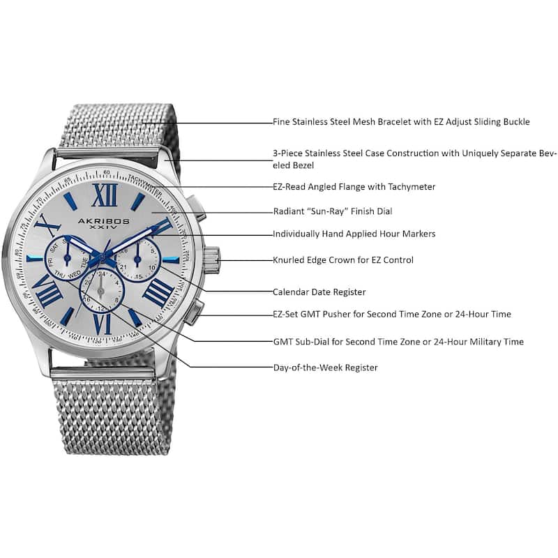 Akribos XXIV Men's Swiss Quartz Multifunction Dual Time Stainless Steel Silver-Tone Bracelet Watch - silver